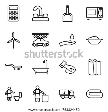 Thin line icon set : calculator, water tap, scoop, microwave oven, windmill, car wash, hand and drop, foam basin, brush, bath, wiping, paper towel, toilet cleaning, garbage bin, home call