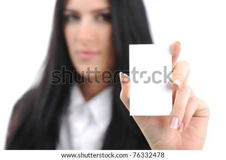 young woman with vertical  bussiness card against white background