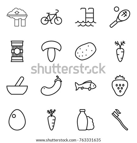 Thin line icon set : factory filter, bike, pool, tennis, pasta, mushroom, potato, carrot, mortar, eggplant, fish, strawberry, egg, shampoo, tooth brush