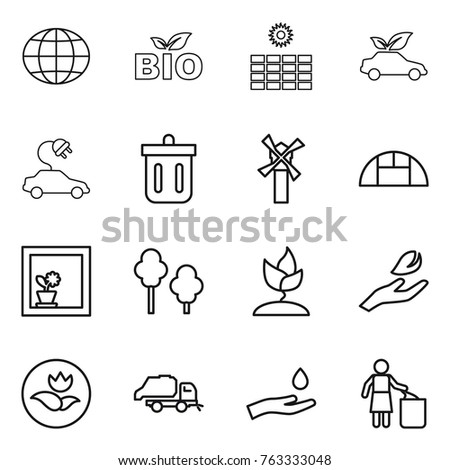 Thin line icon set : globe, bio, sun power, eco car, electric, bin, windmill, greenhouse, flower in window, trees, sprouting, hand leaf, ecology, trash truck, and drop, garbage