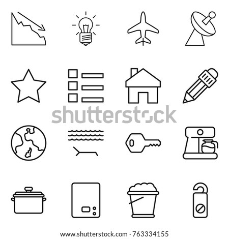 Thin line icon set : crisis, bulb, plane, satellite antenna, star, list, home, pencil, earth, lounger, key, coffee maker, pan, kitchen scales, foam bucket, do not distrub