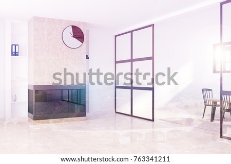 White living room interior with a fireplace, a large clock, a concrete floor and a glass door. Side view. 3d rendering mock up double exposure toned image