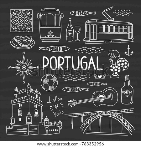 Hand drawn Portugal vector illustration on dark background. Visit Portugal concept