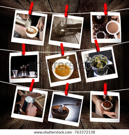 Coffee memory concept, Coffee picture hanging with wooden background