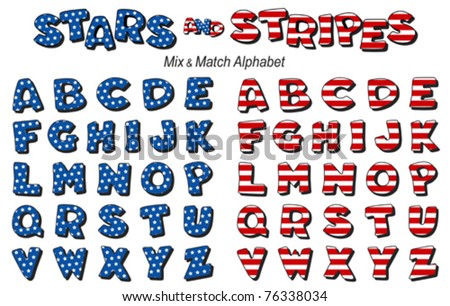 Alphabet, Stars and Stripes. Original design, mix and match in red, white and blue. For Fourth of July, summer picnics, reunions, patriotic celebrations and holidays. EPS8 compatible.