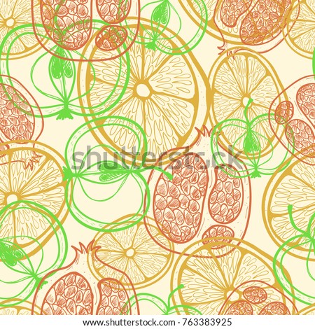 Seamless pattern with doodle juicy fruits