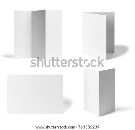 collection of various  blank folded leaflet or a desktop calendar white paper on white background. each one is shot separately