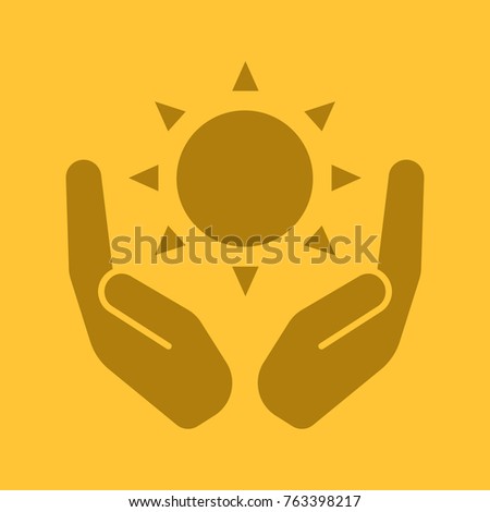 Open palms with sun glyph color icon. Using solar energy. Silhouette symbol. Nature care. Negative space. Raster isolated illustration
