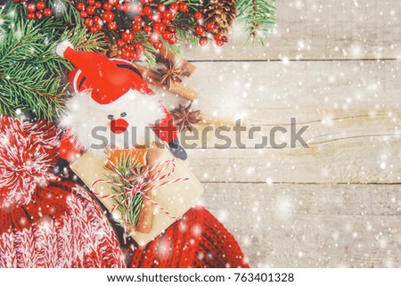 Wooden background with gifts. Selective focus. 