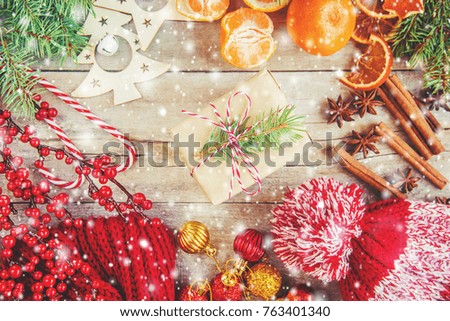 Wooden background with gifts. Selective focus. 
