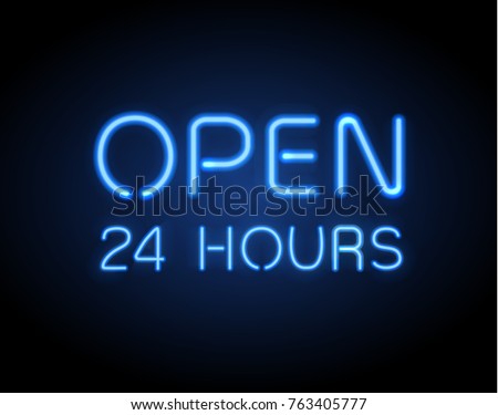 Neon sign Open 24/7 light vector background. Realistic glowing shining  design element for 24 Hours Club, Bar, Cafe