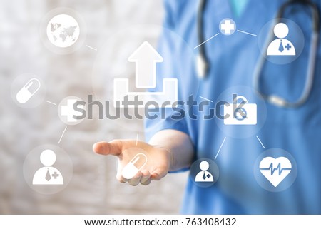 Doctor pushing button upload healthcare network on virtual panel medicine