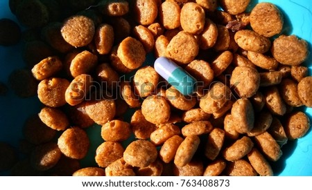 A white drug pill on dog food or feed pellets in a stainless bowl. Feed for sick dog.

 Royalty-Free Stock Photo #763408873