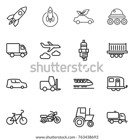 Thin line icon set : rocket, eco car, lunar rover, delivery, journey, spark plug, truck shipping, fork loader, train, trailer, bike, motorcycle, tractor, sweeper