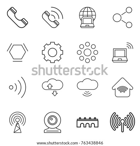 Thin line icon set : phone, call, notebook globe, molecule, hex, gear, round around, wireless, cloude service, cloud, home, antenna, web cam, bridge