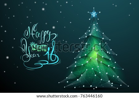 Abstract image of a Christmas tree in the form of a starry sky or space, consisting of points, lines, and shapes in the form of planets, stars and the universe. Vector happy new year nature concept.