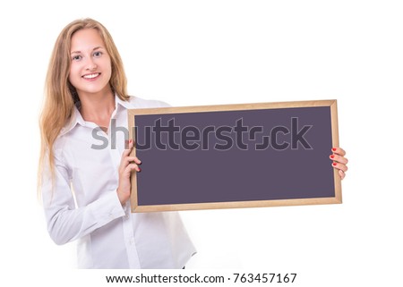 Beautiful caucasian woman in white shirt and holding blank blackboard. Studio shooting isolated on white background
