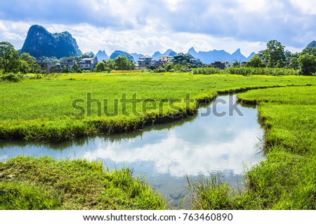 Beautiful mountains and rural scenery in summer, Guilin China.