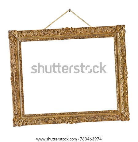 Old wooden picture frame hanging on a rope isolated on white background