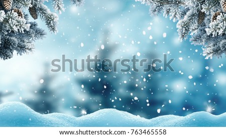 Merry christmas and happy new year greeting background. .Winter landscape with snow and christmas trees