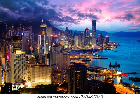 Hong Kong city skyline at Braemar hill a destination viewpoint to observe Victoria Harbour, Hong Kong