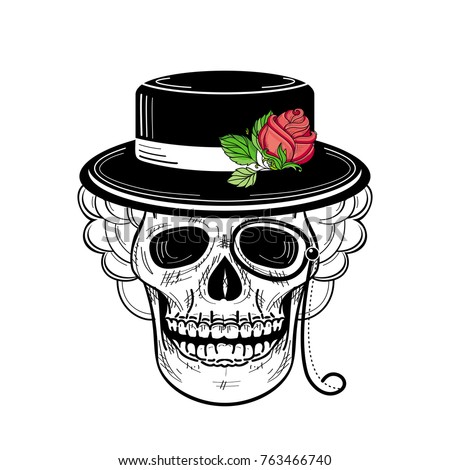 vector sketch hand drawn skull tattoo black and whte in hat with red rose with green stem and leaves and monocle. Isolated illustration on a white background.