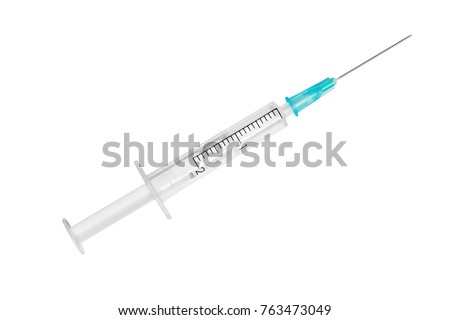 Empty syringe closeup isolated on white background. High resolution Royalty-Free Stock Photo #763473049