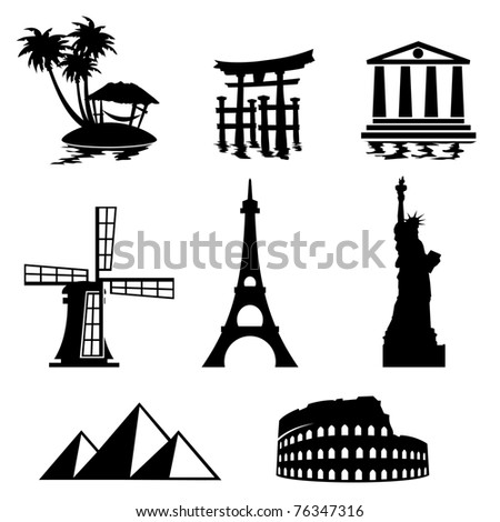 black and white set icons - travel and landmarks