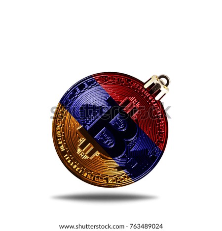 flag of Armenia. Christmas tree decoration in the form of a New Year's ball with a picture of bitcoin, isolated on white background.
