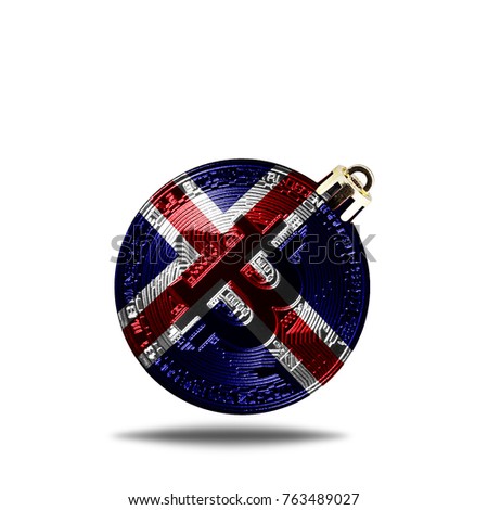 flag of Iceland. Christmas tree decoration in the form of a New Year's ball with a picture of bitcoin, isolated on white background.