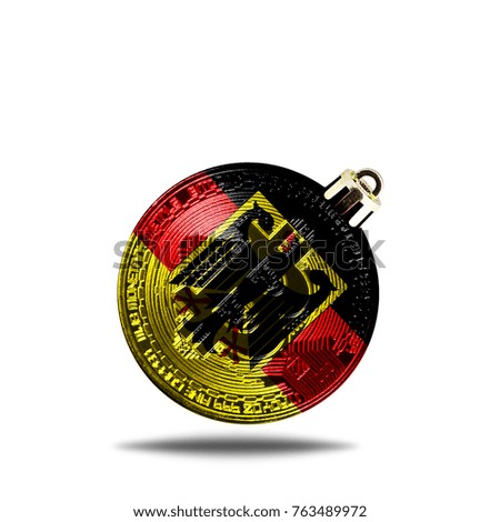 flag of Germany. Christmas tree decoration in the form of a New Year's ball with a picture of bitcoin, isolated on white background.