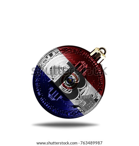 flag of Paraguay. Christmas tree decoration in the form of a New Year's ball with a picture of bitcoin, isolated on white background.