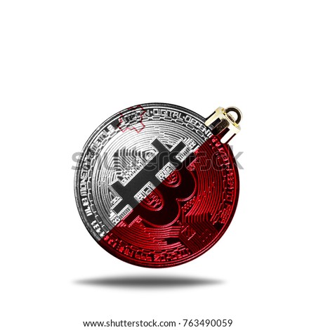 flag of malta. Christmas tree decoration in the form of a New Year's ball with a picture of bitcoin, isolated on white background.