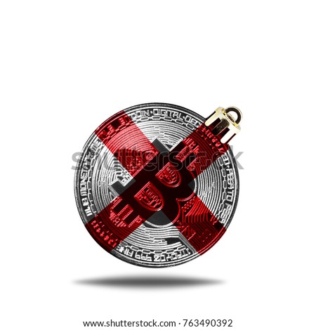 flag of England. Christmas tree decoration in the form of a New Year's ball with a picture of bitcoin, isolated on white background.