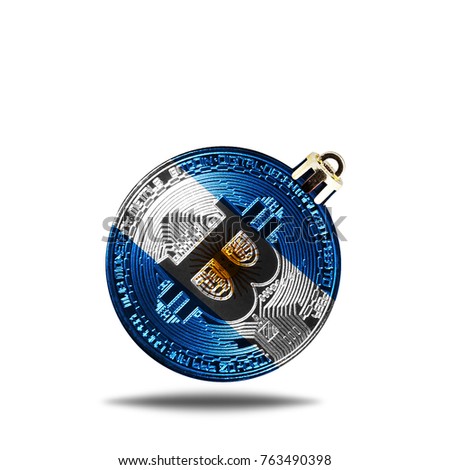 flag of Argentina. Christmas tree decoration in the form of a New Year's ball with a picture of bitcoin, isolated on white background.
