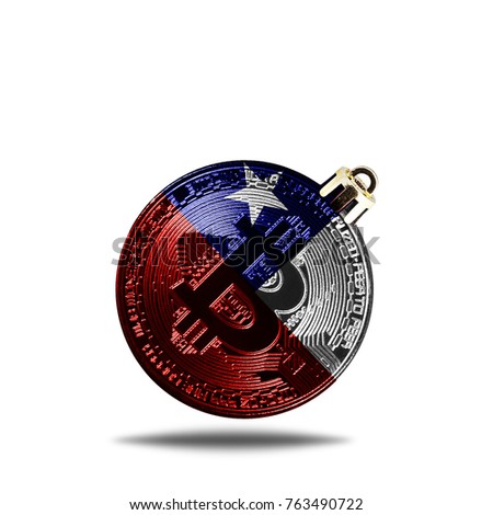 flag of Chile. Christmas tree decoration in the form of a New Year's ball with a picture of bitcoin, isolated on white background.