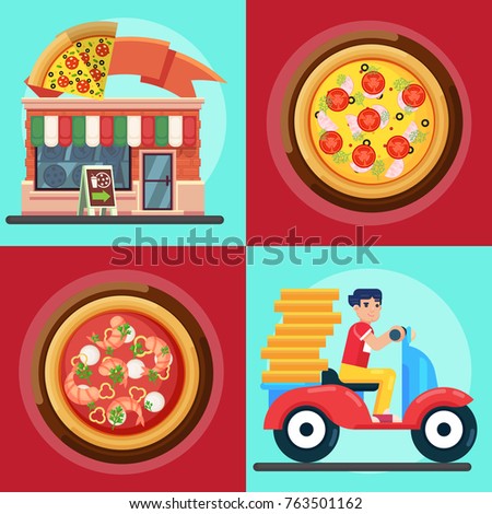 ast delivery man and pizza Vector colorful illustration in flat style Pizza shop pizzeria fast food menu illustration eps10