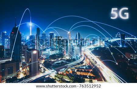 5G network wireless systems and internet of things with modern city skyline. Smart city and communication network concept . Royalty-Free Stock Photo #763512952