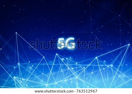 5G network wireless systems and internet of things with abstract connected dots wireless communication network on space background . Royalty-Free Stock Photo #763512967