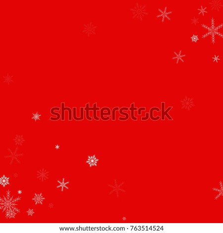 Falling white christmas snow on red. Vector New Year snowflake abstract background. Glitter confetti. Snowflakes decoration effect. Winter holiday print. Snowfall texture for poster, banner, card.