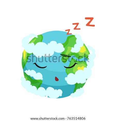 Cute Earth planet character sleeping in white clouds vector Illustration