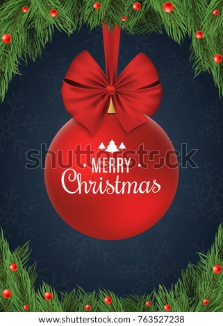 Christmas background with snowflakes. Red ball with a bow of tape. Christmas concept of fir tree and snow berries. White text. Vector illustration