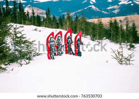 Snowshoes standing in the snow against the background of snow and mountains. Winter walks with forests and mountains.