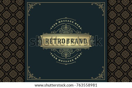 Luxury logo template vector golden vintage flourishes ornament. Good for royal crest, boutique brand, wedding shop, hotel sign. Frame and pattern background.