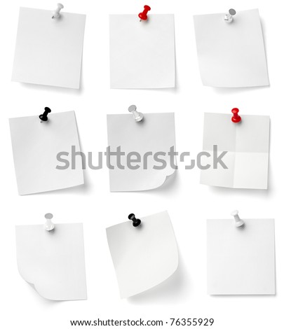 collection of various note papers with push pins on white background. each one is shot separately