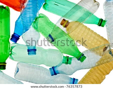 close up of empty used plastic bottles on white background with clipping path