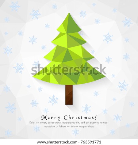 Merry Christmas with low poly pine tree and falling snowflakes 