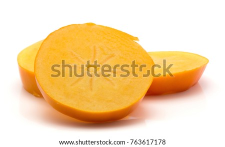 Three persimmon Kaki slices isolated on white background
