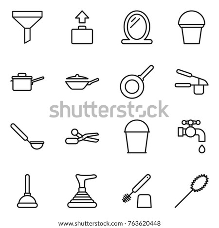 Thin line icon set : funnel, baggage, mirror, bucket, saute pan, garlic clasp, ladle, scissors, water tap, plunger, toilet brush, duster