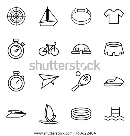 Thin line icon set : target, boat, smart bracelet, t shirt, stopwatch, bike, dome house, stadium, deltaplane, tennis, jet ski, yacht, windsurfing, inflatable pool
